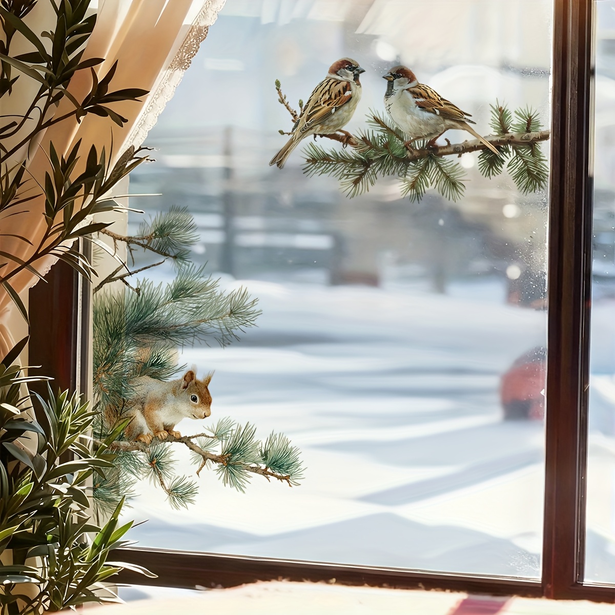 Image of Self-adhesive Removable Animal & Squirrel Window Cling Stickers Suitable For Glass Doors, - Bohemian Vinyl Decals With Squirrel, Bird, Patterns - Easy & Stick, Warm Decor (removable Wallpaper)