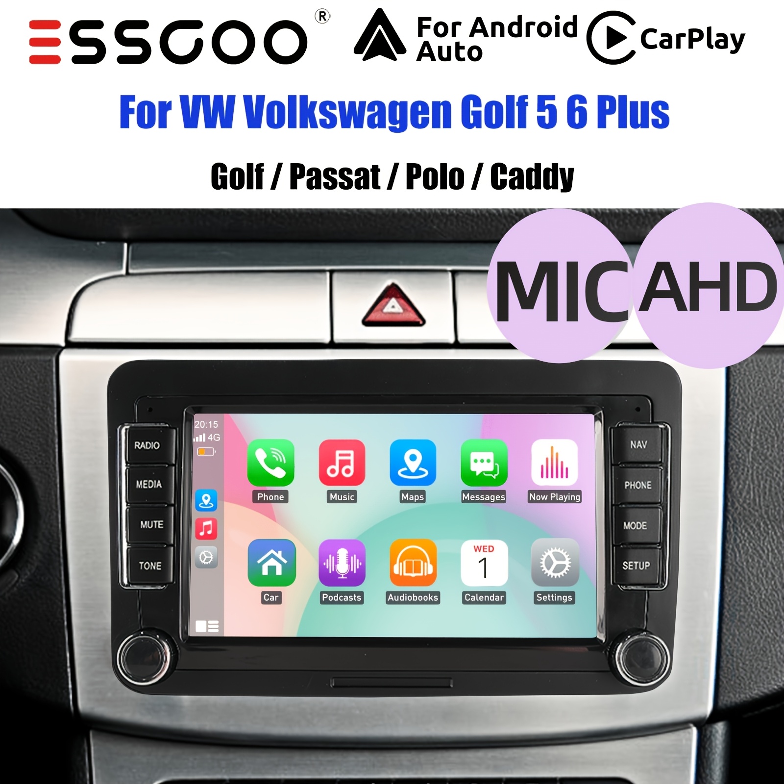 Image of Essgoo +ahd Camera+mic Complete Enhancement For Vw/seat (, Caddy, Golf 5/6/plus, ) | 7" 15 Car Stereo Featuring & Auto, 4+64gb, Rcd330 Design, , , Usb, Wifi, Rds Radio