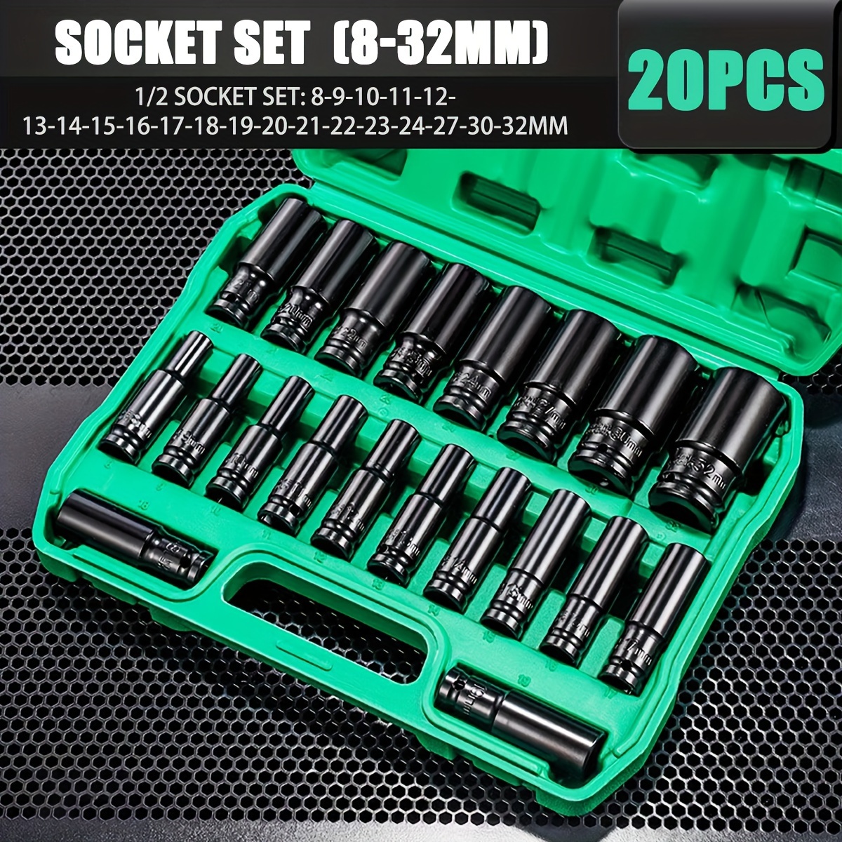 TEMU 20pcs 1/2" Socket Set, Drive Deep Impact Socket Set, 6-point, Standard Metric (8mm-32mm), Cr-, Automotive Repair And Home Use Tools
