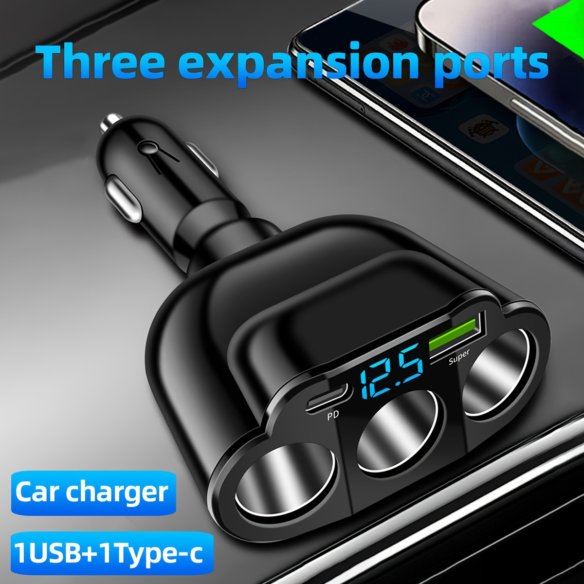 TEMU New Model With Digital Display 1usb+1type-c 1 To 3 Car Multifunctional Charger, Adapter Charger, Car Fast Charging, Cell Phone Charger, Car