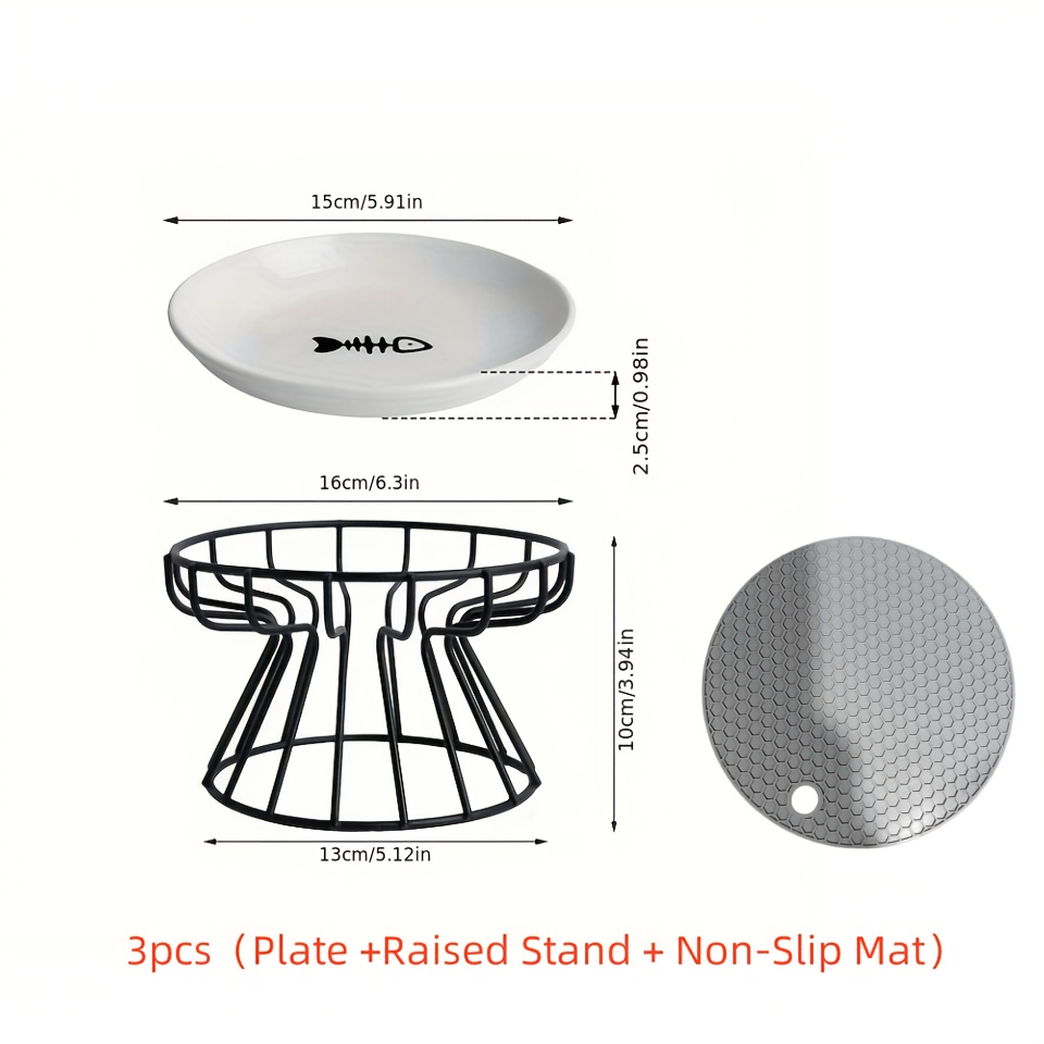 TEMU 3pcs Set: Plate + Raised Stand + Non-slip Mat. Elevated Ceramic Cat Bowl With Metal Wire Stand, Raised Fishbone Pattern Pet Feeding Dish,