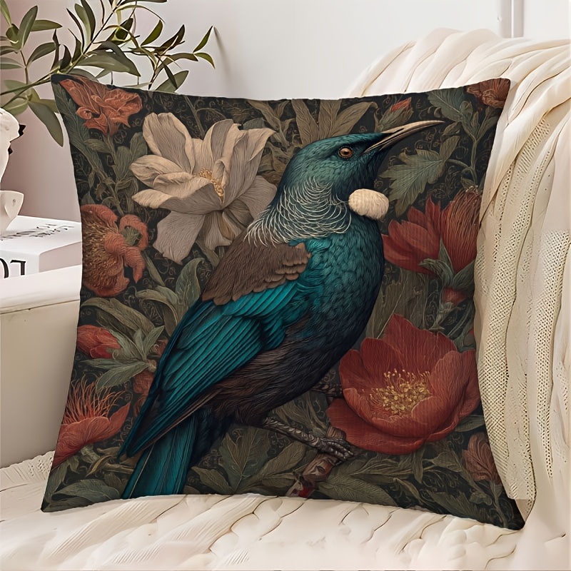 TEMU 1pc New Zealand Kiwi Bird And Floral Cushion Cover - Authentic Kiwi And Floral Pattern In Teal, Red, Green, Brown - Soft Polyester Decorative