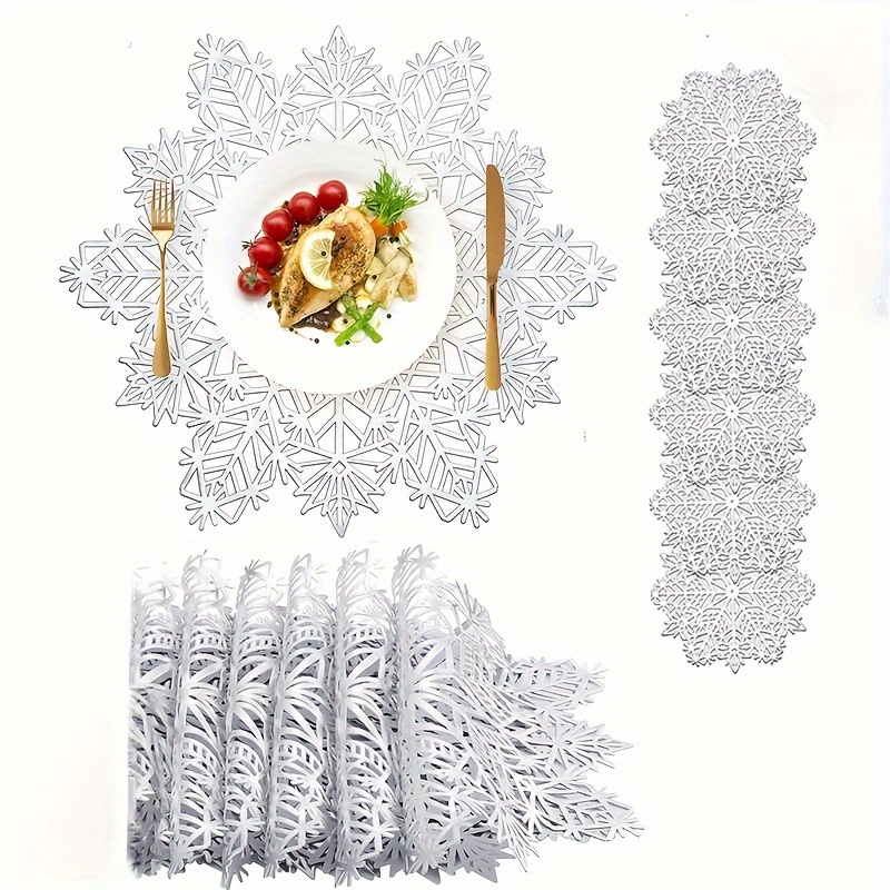Image of 8/12pcs Solid Color Snowflake Shape Set Table Mats, Coasters, Washable, Easy To Clean, Wipeable, Non-slip, Heat Resistant, Table Mats, Holiday Wedding Party Festival Decoration