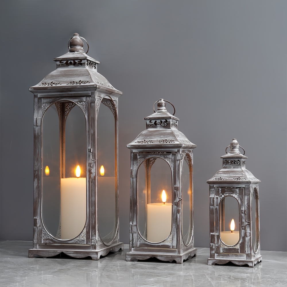 TEMU Set Of 3 Vintage Candle Lanterns 26/35/50 Cm H Decorative Metal Candlesticks Holder With Tempered Glass For Room Garden Yard Parties Event