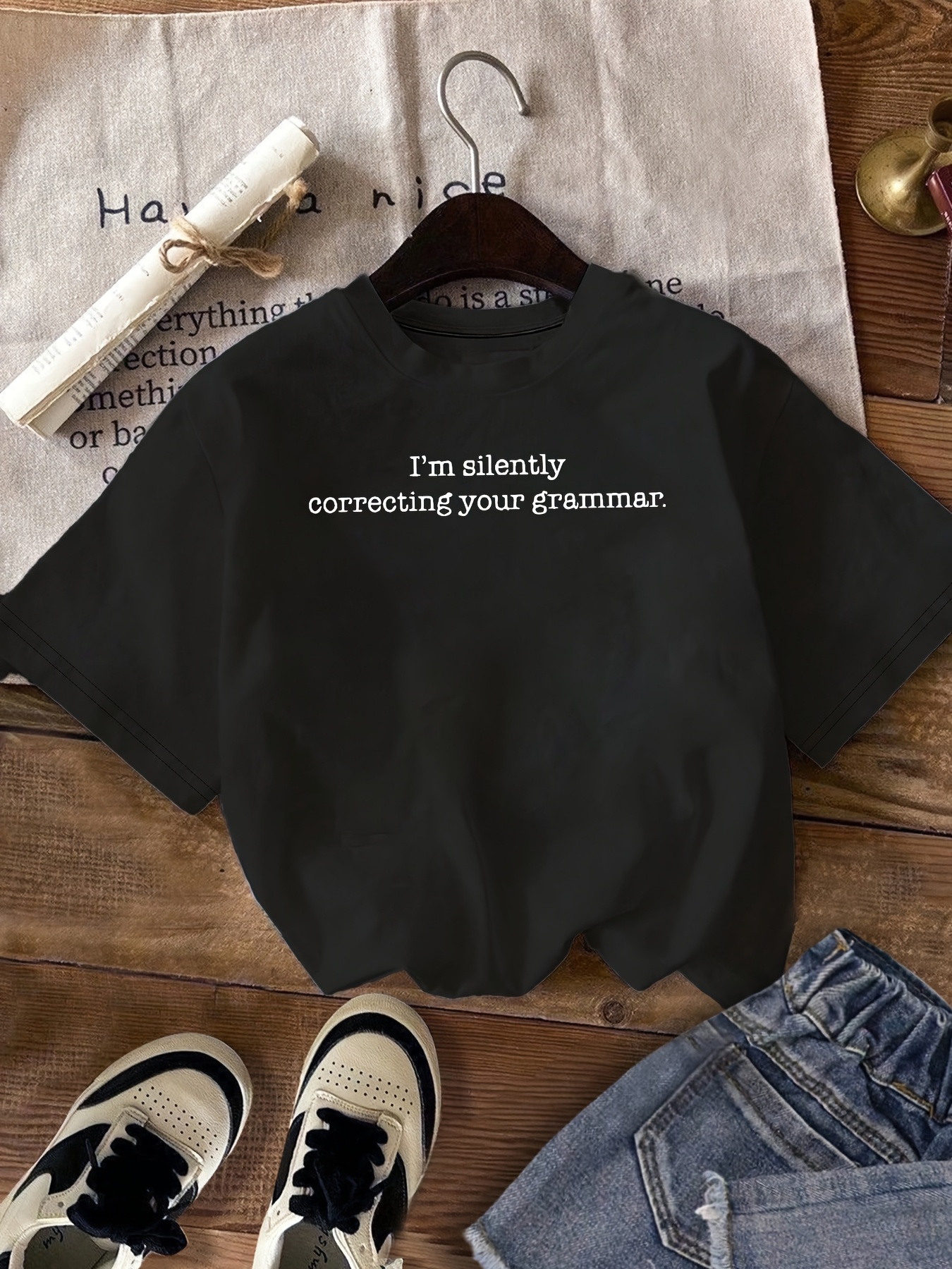 womens im silently   your grammar english teacher t shirt black with white text graphic print short sleeve crew neck casual top soft breathable fabric machine washable     grammar   humorous graphic tee durable print shirt black 0