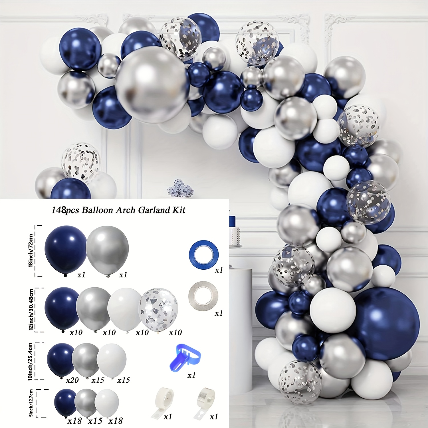 Image of 148pcs Navy Blue & Silvery Balloon Garland Kit With Confetti - Perfect For Birthdays, Showers, Weddings & Graduations