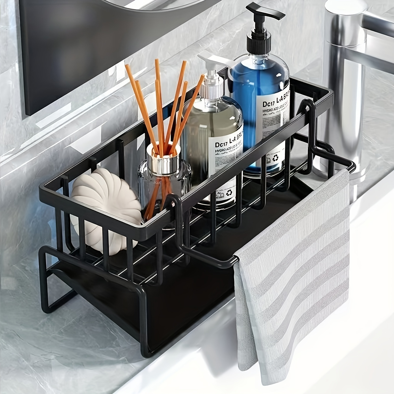 

1 Piece-stainless Steel Kitchen Sink Storage Rack With Detachable Hanging Rod, Storage Box Under Sink For Sponge, Brush And Towel Rack-metal Bathroom Sink Storage Rack