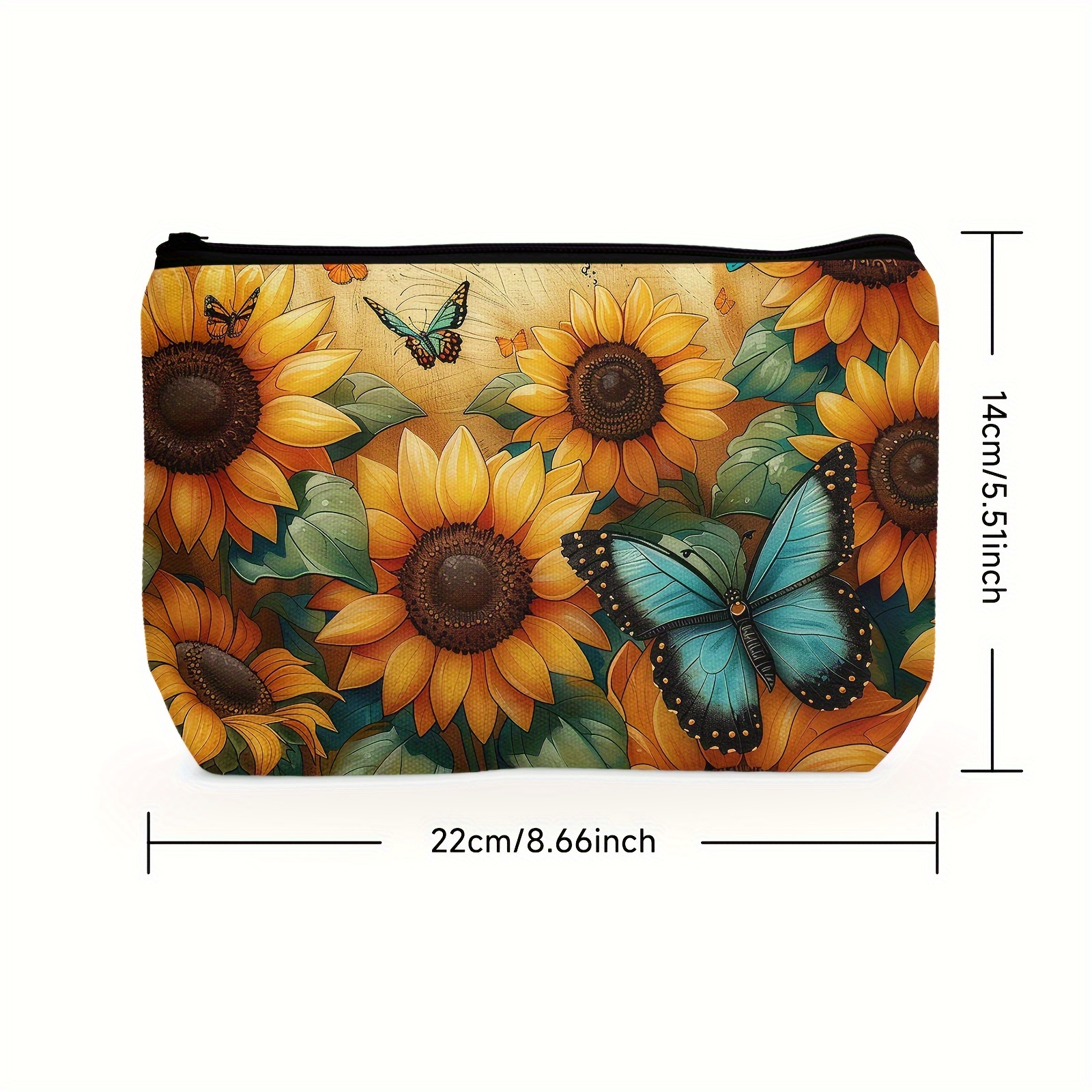 TEMU 1pc Polyester Sunflower & Butterfly Cosmetic Bag With Zipper Closure, Lightweight & Versatile Travel Makeup Pouch, Hand Washable Casual Toiletry Bag - Ideal Gift For Teachers &