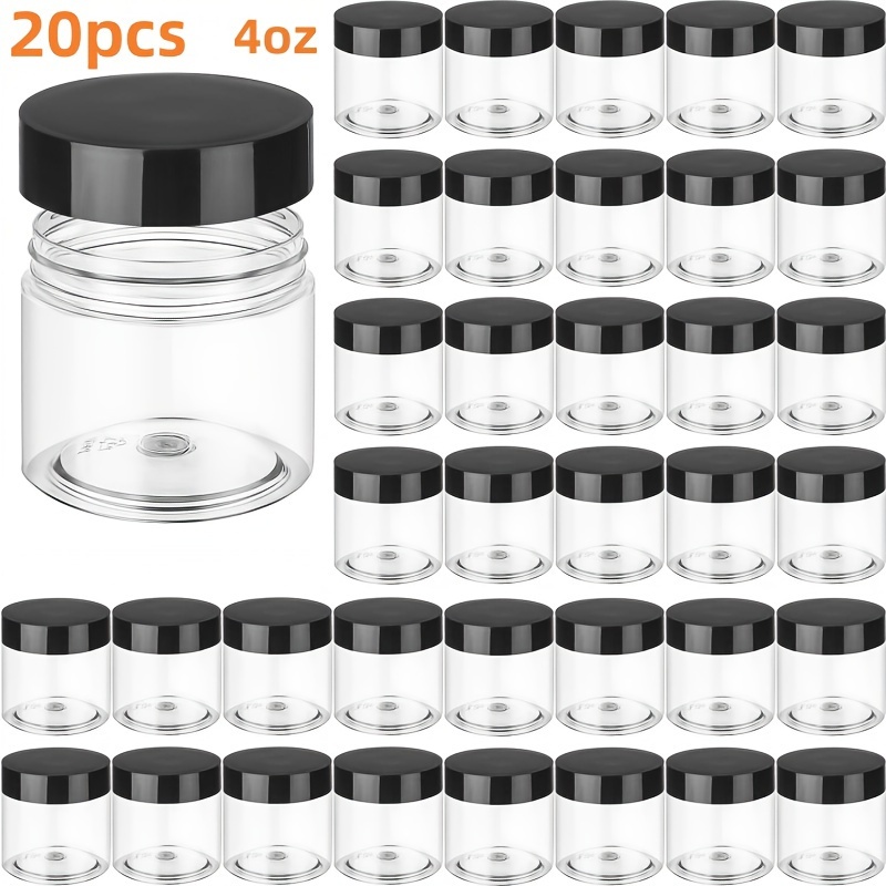 

20pcs 4oz Clear Plastic Cosmetic Containers With Black Lids - Round Transparent Jars For Lotion, Cream, Ointment, Makeup, Eyeshadow, Samples - Ideal For Travel Storage, Makeup Products