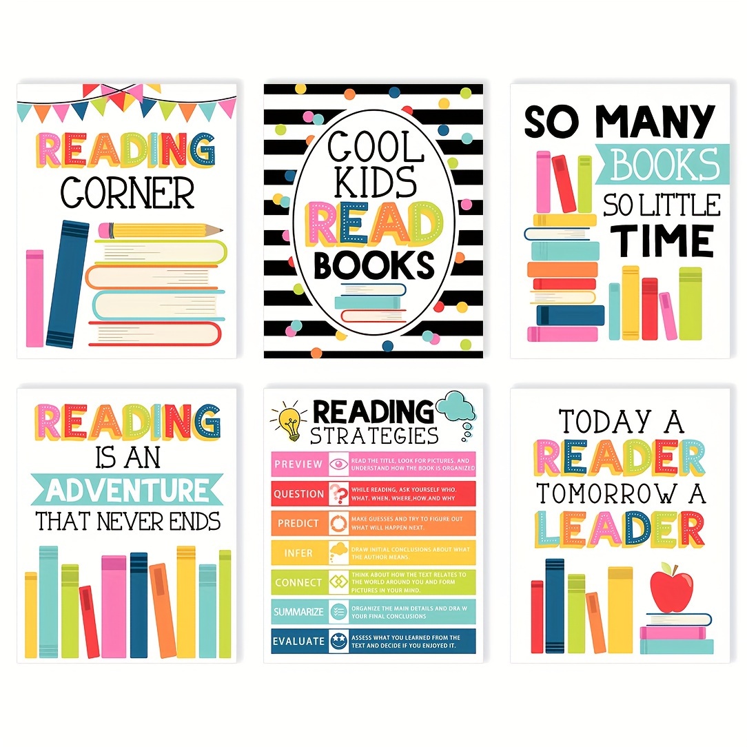 

6-piece Classroom Reading Poster Set - Frameless Library & Reading Corner Decorations For Bulletin Boards