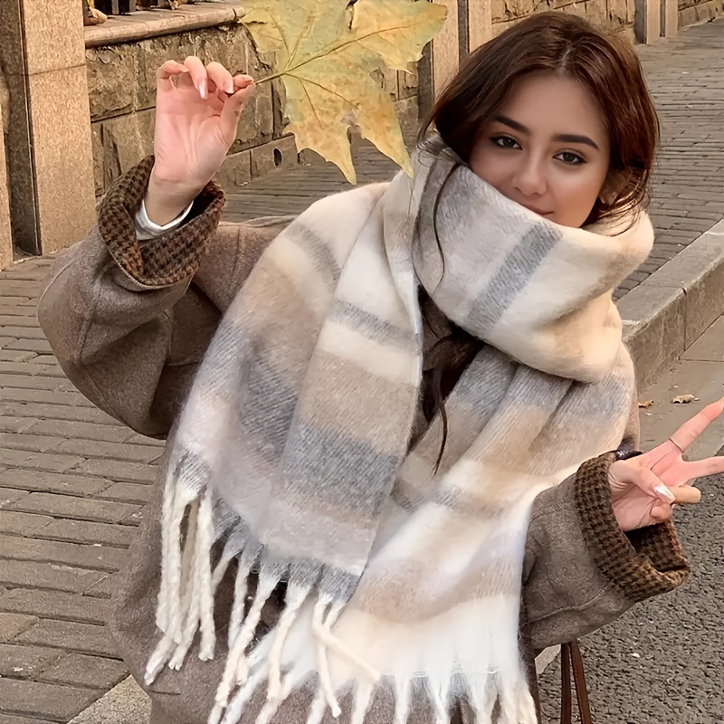 

1pc Elegant Striped Tassel Scarf - 100% Polyester Cashmere, And Soft Warm Long Neck Protection For Autumn And Winter, Windproof Decorative Knit Scarf For