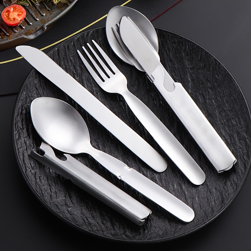personalized and travel friendly stainless steel outdoor cutlery set with knife fork and spoon including bottle opener   stainless steel portable camping and travel gear in vintage golden and silvery color Product details 6