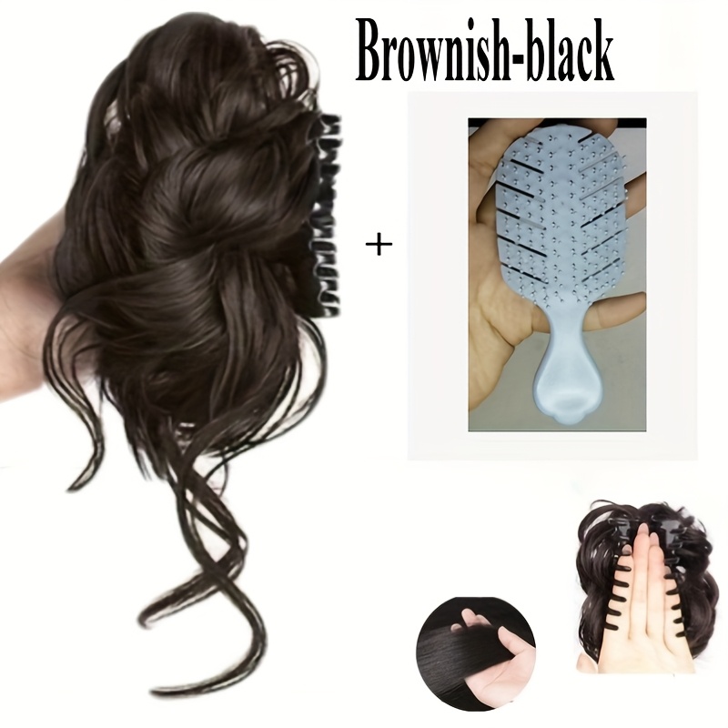 TEMU Elegant Women's Fluffy Ponytail Wig Clip + Mini Comb - High Temperature Fiber, Natural Curls, Suitable For All , Stylish Hair Accessory, Combs