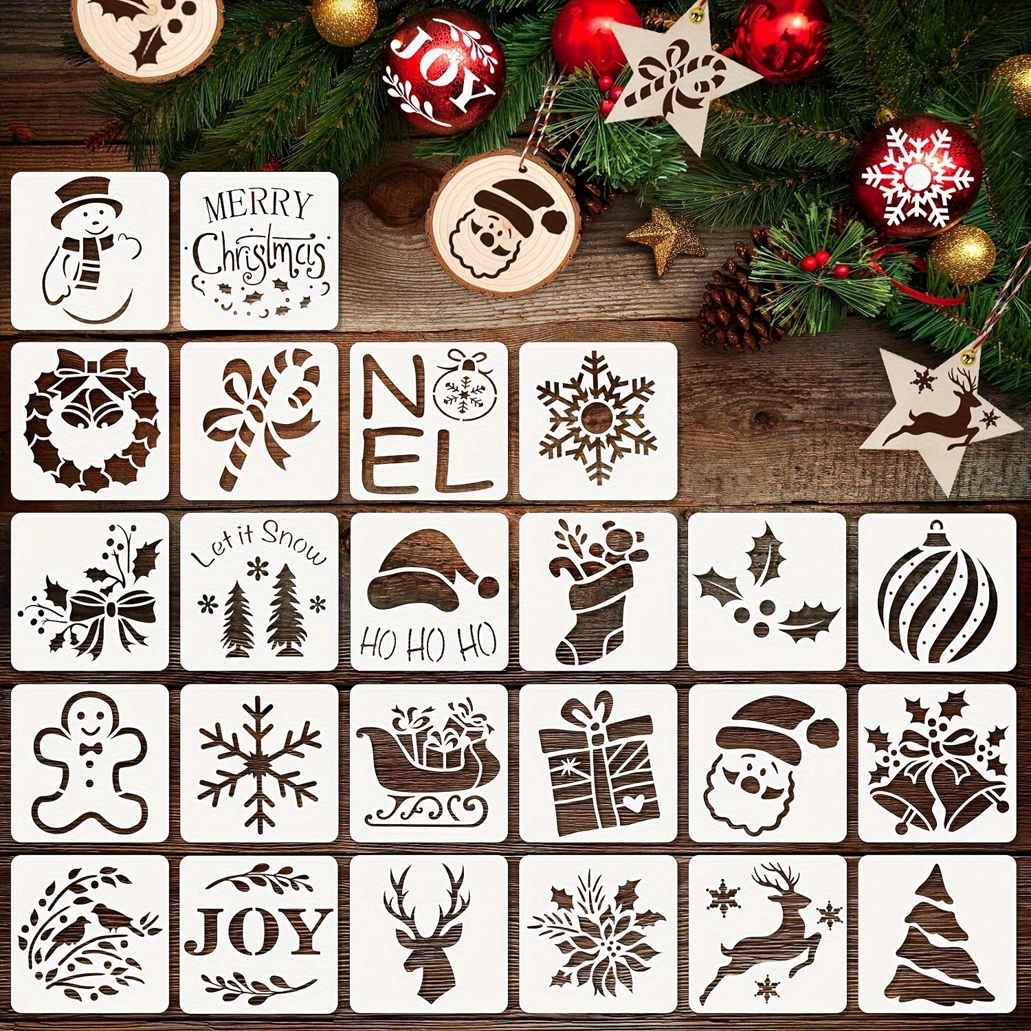 Image of 24pcs Of Small Christmas Templates Measuring 7.62 X 7.62 Cm For Painting On Wood Chips, Christmas Ornaments