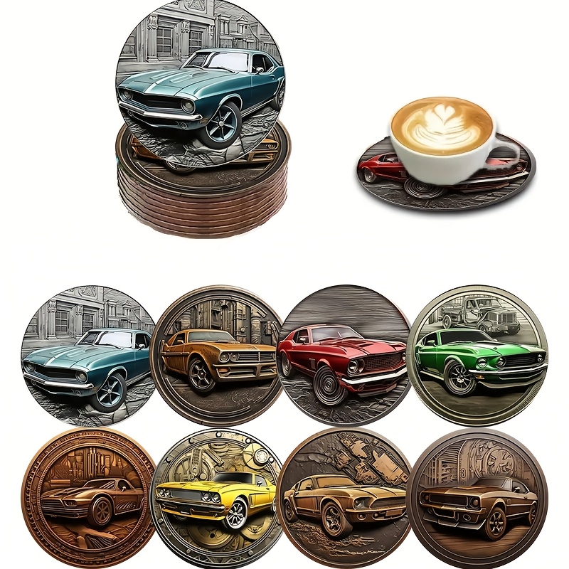 

8pcs Vintage Car Themed Wooden Coasters, Insulating Pads With Non-slip Design, For Table Protection, Cups, With Decorative Display & Collectible Gift For Coffee Shops, Office, Dining Room, Kitchen