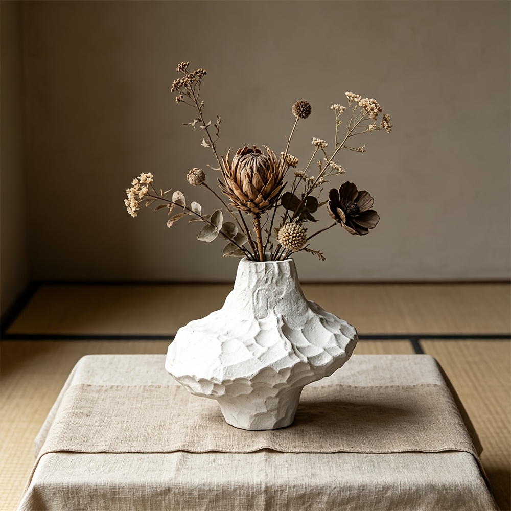 White Wabi-Sabi Ceramic Vase, Handmade Stone Texture Pottery, Matte Glaze Vessel for Living Room & Entryway, Hydroponic & Dried Flowers, Retro Home Decor for B&B & Tea House