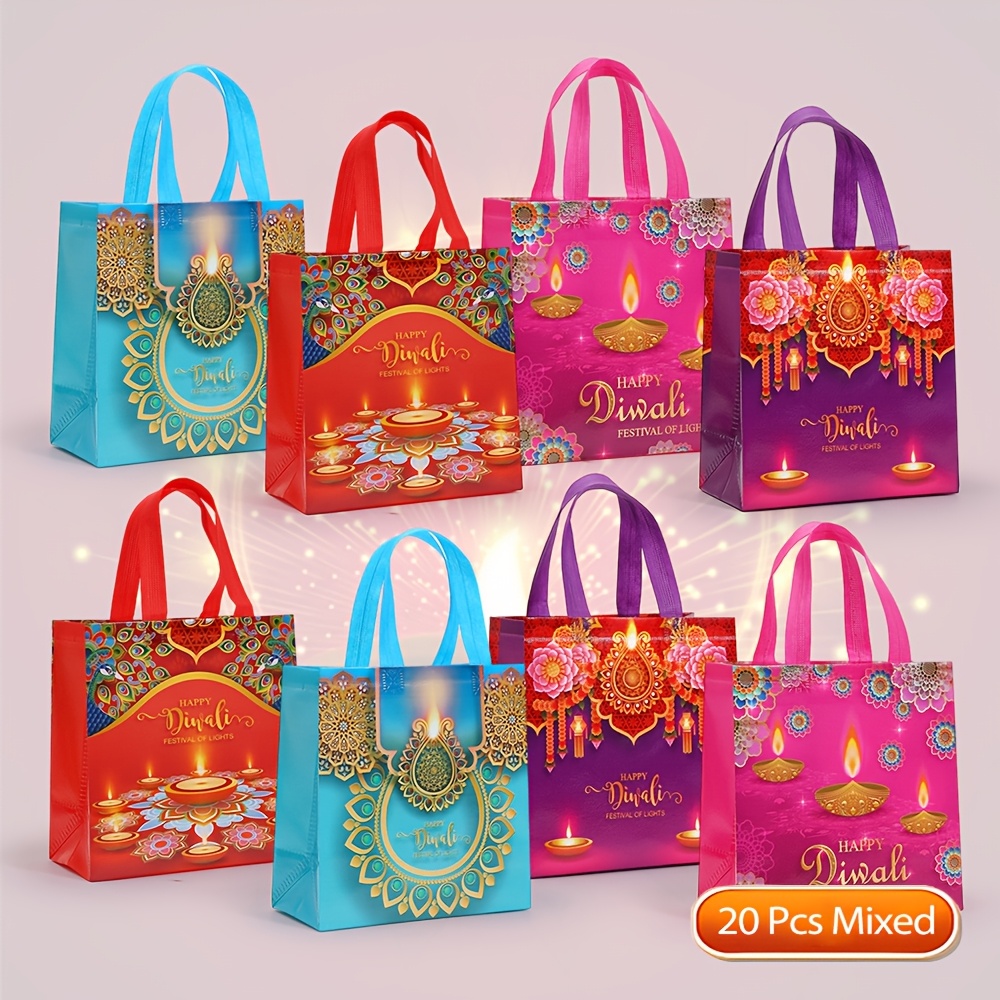 TEMU 8/20pcs Happy Diwali Laminated Non-woven Gift Tote Bags, Reusable Bags, Lamp Mandala Floral Print Colorful Handles Gift Bags For Diwali Party