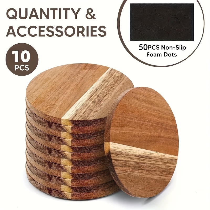 Image of 10pcs Of Solid Wood Coasters, Made From Acacia Wood, Heat-resistant Table Mats For Home Dining Table Decoration, Vintage Kitchen And Restaurant Additions