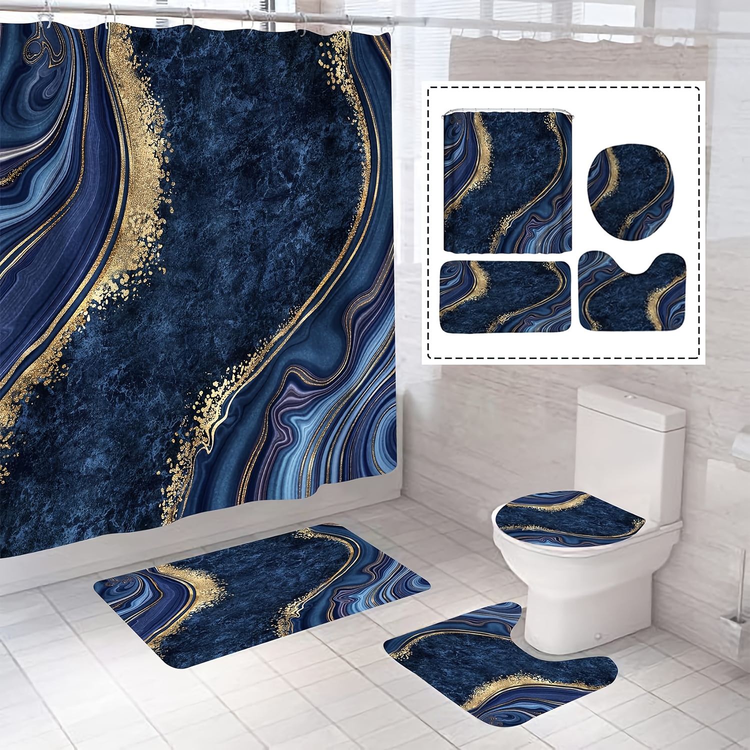 

4pcs Luxury Marble Shower Curtain Set, Bathroom Set With Shower Curtain, Toilet Seat Cover, Shaped Mat And Bath Mat, Shower Curtain Set With 12 Hooks Decor 72 X 72inch, Navy Blue