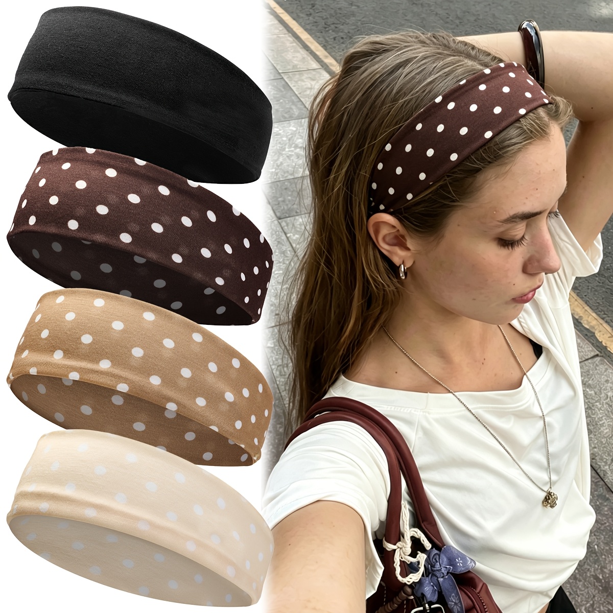 TEMU 4pcs Polka Dot Headbands Suitable For Sports, Fitness & Yoga - Sweat-absorbent Elastic Hairbands With Non-slip, Suitable For Normal Hair For,