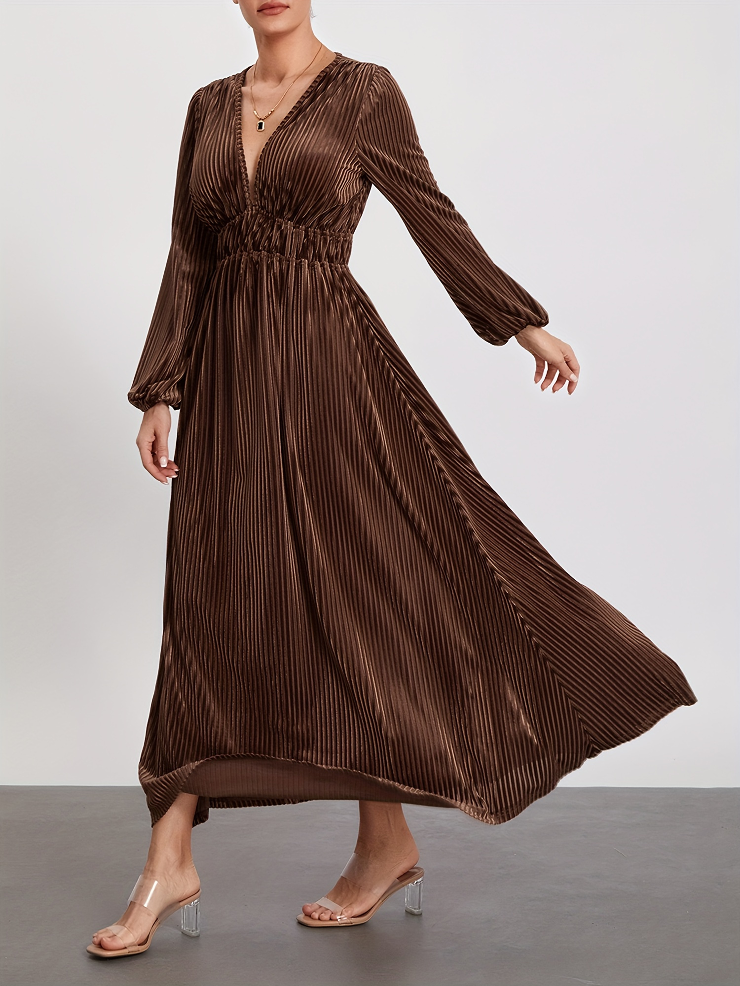brown long sleeve flowy dress Mother Of The Bride Dresses Brown Flowy Ruffle Sleeves V-Neck Ruched Back Zip Long Chiffon Mother Of The Bride Dresses main image 0