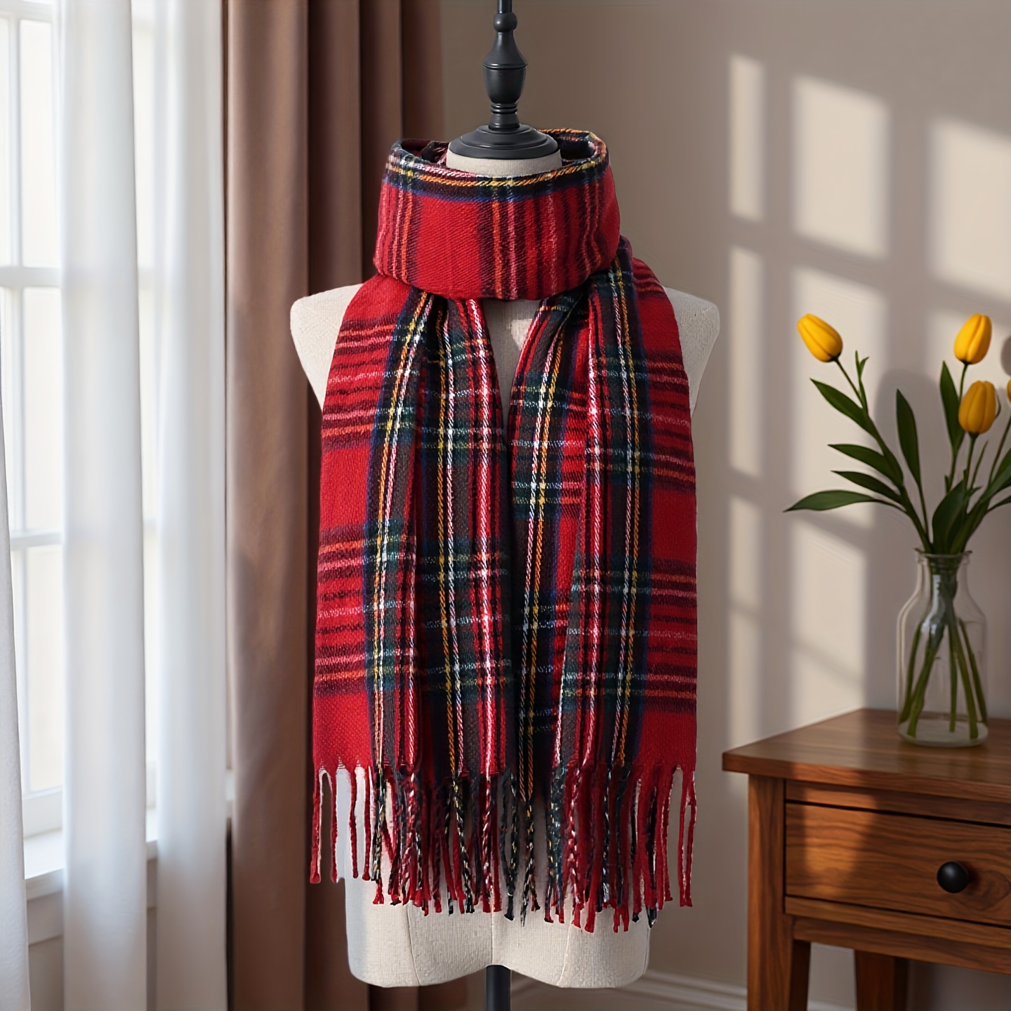 TEMU 1pc Tyseromi British Plaid Scarf Suitable For - Shawl With Tassel Trim, Soft Lightweight Winter Scarves For Christmas Gifts, Casual/formal Wear,