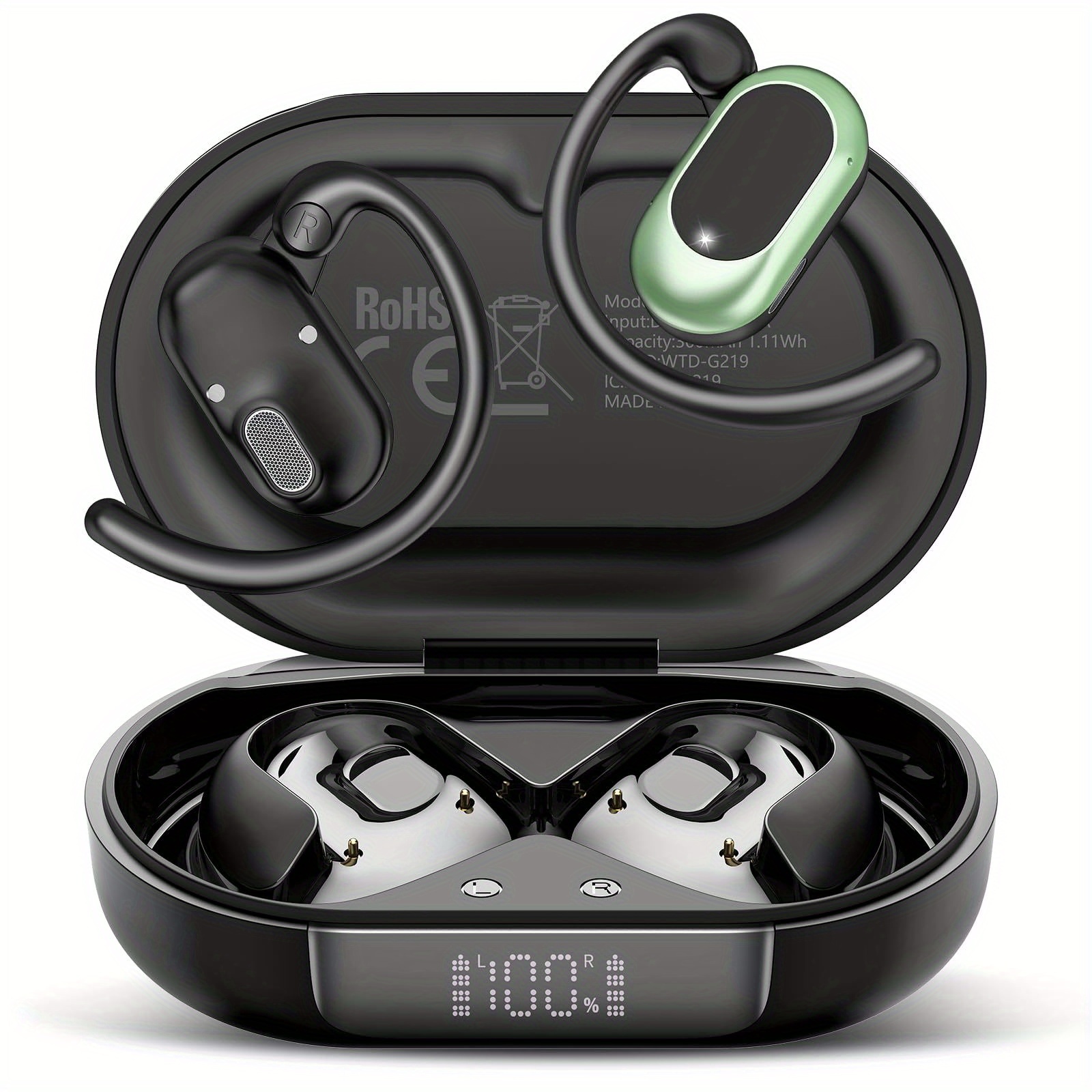 Wireless Open Earbuds, 5.4 Version, Of Playtime With Mic, Air Conduction Design, Adjustable Ear Hooks With Enc For Clear Calls And Led Display, Green Color