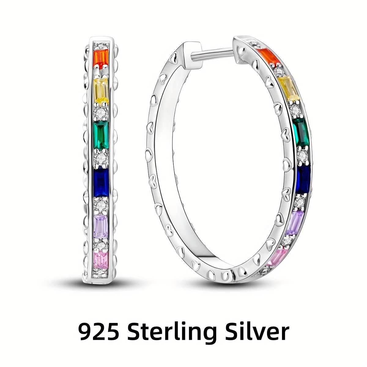 TEMU 1 Pair Hypoallergenic 925 Sterling Silver Big Hoop Sparkling Colorful Cubic Synthetic Zirconia Heart Hoop Earrings Women Ear Jewelry Gift For Girl Party Jewellery