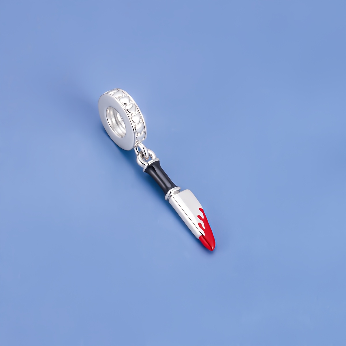 TEMU 1pc Silvery Plated Copper Gothic-style Mini Kitchen Knife Dangle Charm, Enamel Red Paint Detail Pendant, Perfect For Bracelet Necklace Crafting,