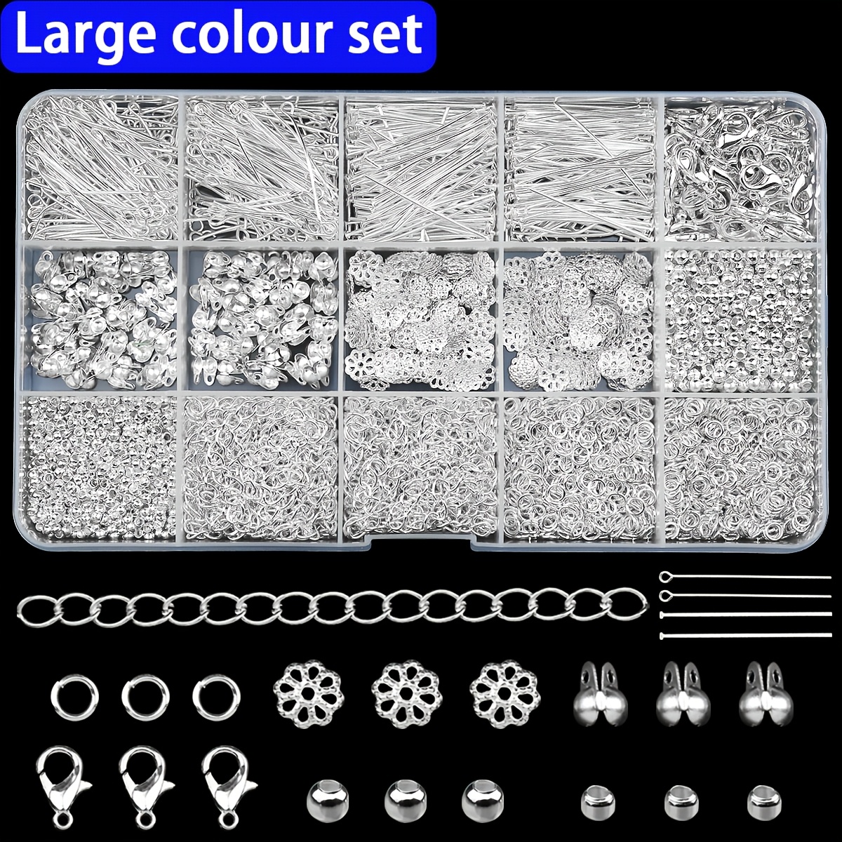 

1200pcs Style Making Kit, Set With Lobster Clasps, Jump Rings, Extender Chains, 15-compartment Storage Box, Pins, Toggle Clasps, Spacer Beads - Jewelry Supplies