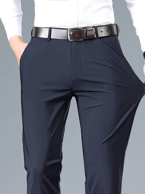 2025 new mens high ice silky nylon pants smooth texture regular fit solid color business casual trousers for office casual attire formal trousers classic belt loops high fabric