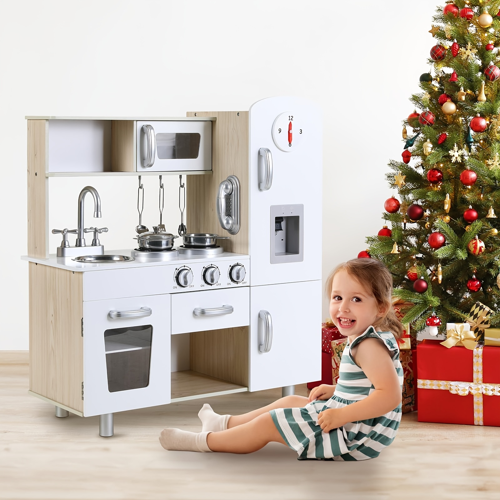 

1set Kids Wooden Play Kitchen Set With Accessories - Pretend Play With Stove, Microwave, Telephone, Water Dispenser, Shelves, And Cabinets For Toddlers And Preschoolers