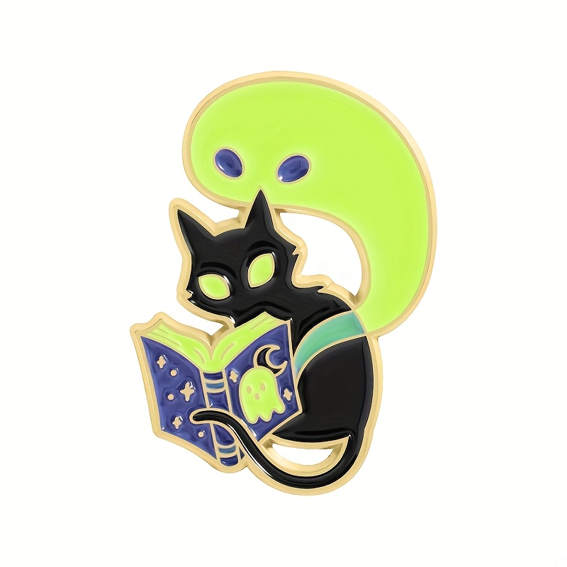 TEMU Cute Halloween Cartoon Cat Watching Horror Story Releases Glow In The Dark Badge Decoration Accessory Brooch