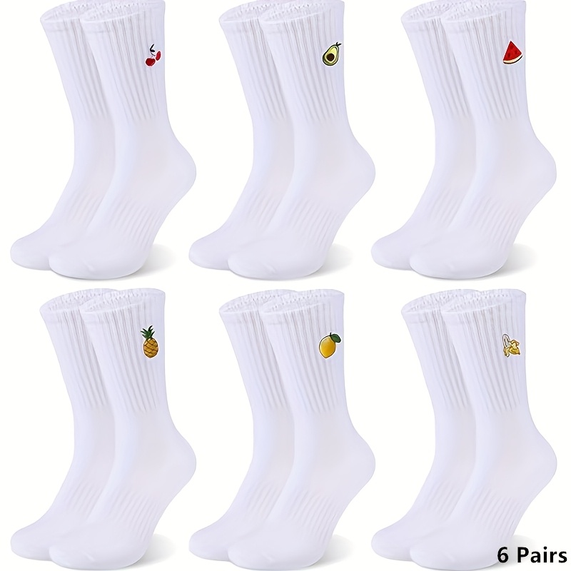 Image of 6 Pair White Tennis Socks Socks Women And Men Crew Socks With Pattern, Eu 39-42 Sports Socks With Fruit Pattern, Unisex Sports Socks Breathable Work Socks