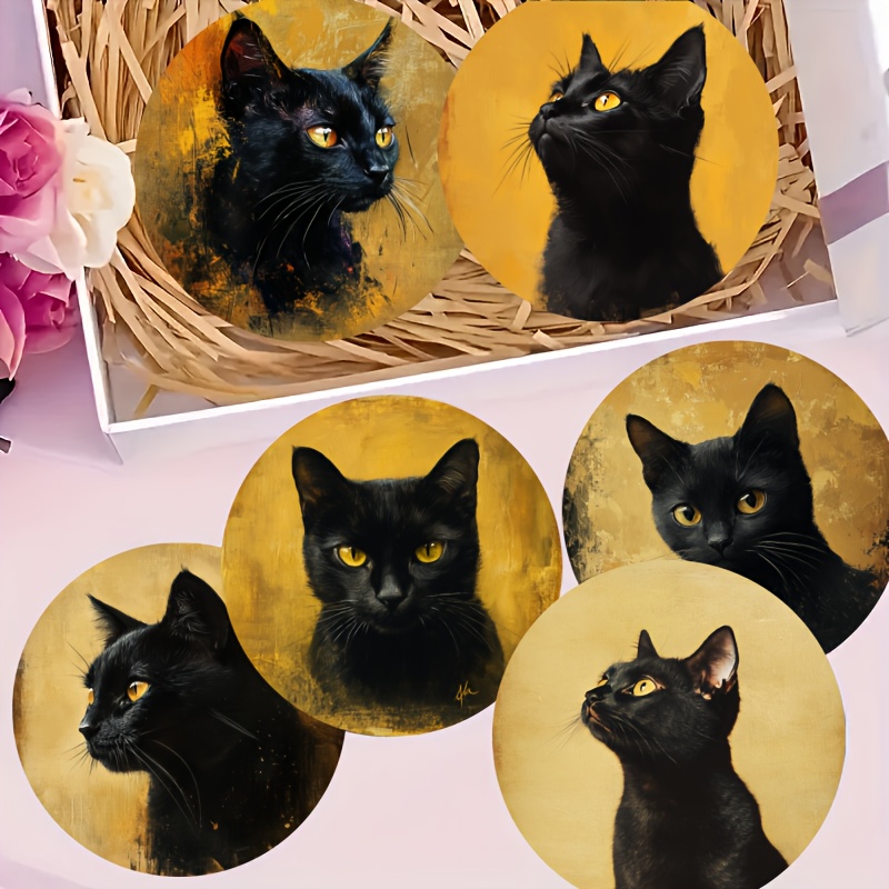Image of 6pcs Elegant Black Cat Coasters - Heat-resistant, Absorbent Wooden Drink Mats For Home, Office & Parties - Gift With Hand-painted Feline Design, Office Drink Mats|elegant Wooden Mats|absorbent Mats