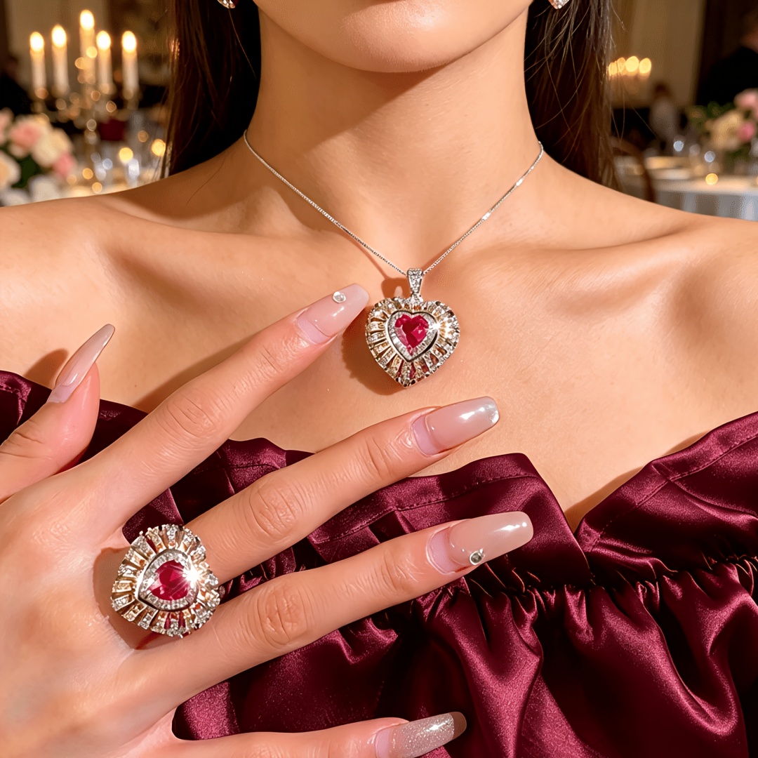 Women's Two Tone Golden Heart Adjustable Ring & Necklace Set