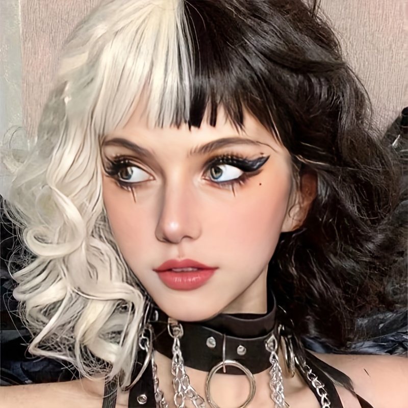 

Fantasy Theme Two-tone Black And White Coily Wig With Air Bangs - Heat Resistant Synthetic Hair, Cosplay, Festival & Daily Wear, Adjustable Buckle Net Cap