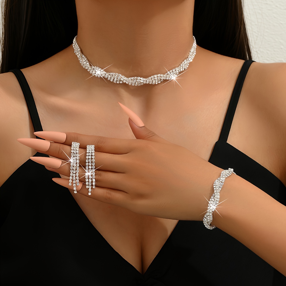 

Women's Glamorous Rhinestone Twist Jewelry Set, 3-piece Bling Party Accessory, Includes Choker Necklace, Earrings, Bracelet