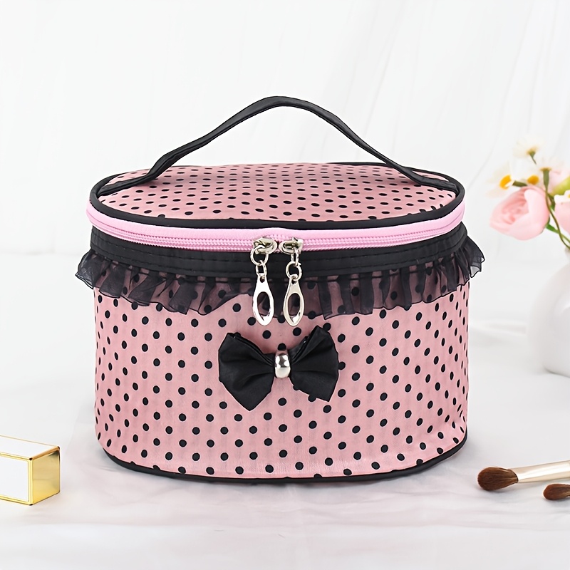 Vintage Pink Polka Dot Makeup Bag with Bow and Lace Trim, Large Capacity Polyester Cosmetic Pouch with Handle, Portable Travel Organizer for Women, Unscented, Random Printing Design