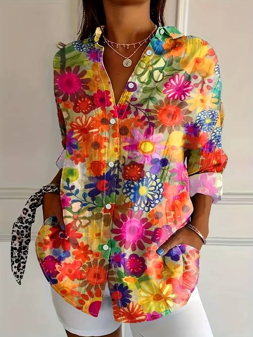 stylish womens spring summer floral print shirt with lapel collar and patched details vibrant long sleeve blouse for adults casual yet sophisticated style