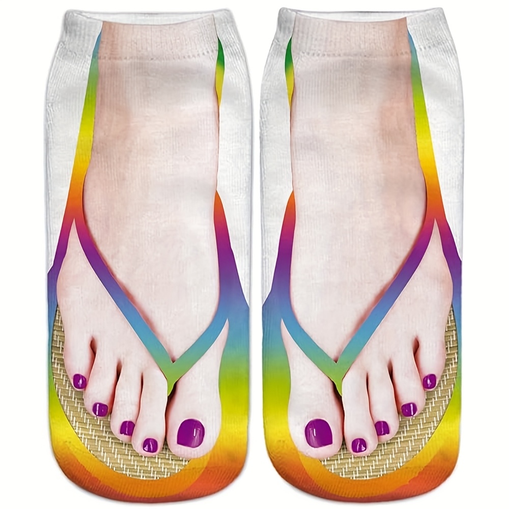 1 Pair Manicure Print Socks Funny Flip Flop Socks Pattern Socks Sandal Socks Low Cut Ankle Silly Socks - A Gag Gift