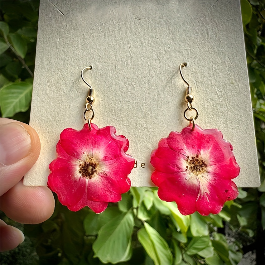 Image of 1 Pair 14k Golden Plated Earrings, Hand-pressed Resin Earrings, Red Rose Drooping Pendant Earrings, Birthday And Christmas Gifts For Your