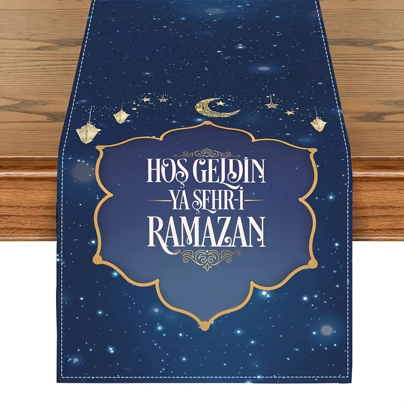 

1pc Elegant Ramadan Table Runner - & Vintage Temple Design, 100% Polyester, Rectangular Tablecloth With Lanterns & Stars Pattern For Celebrations, & Party Decor