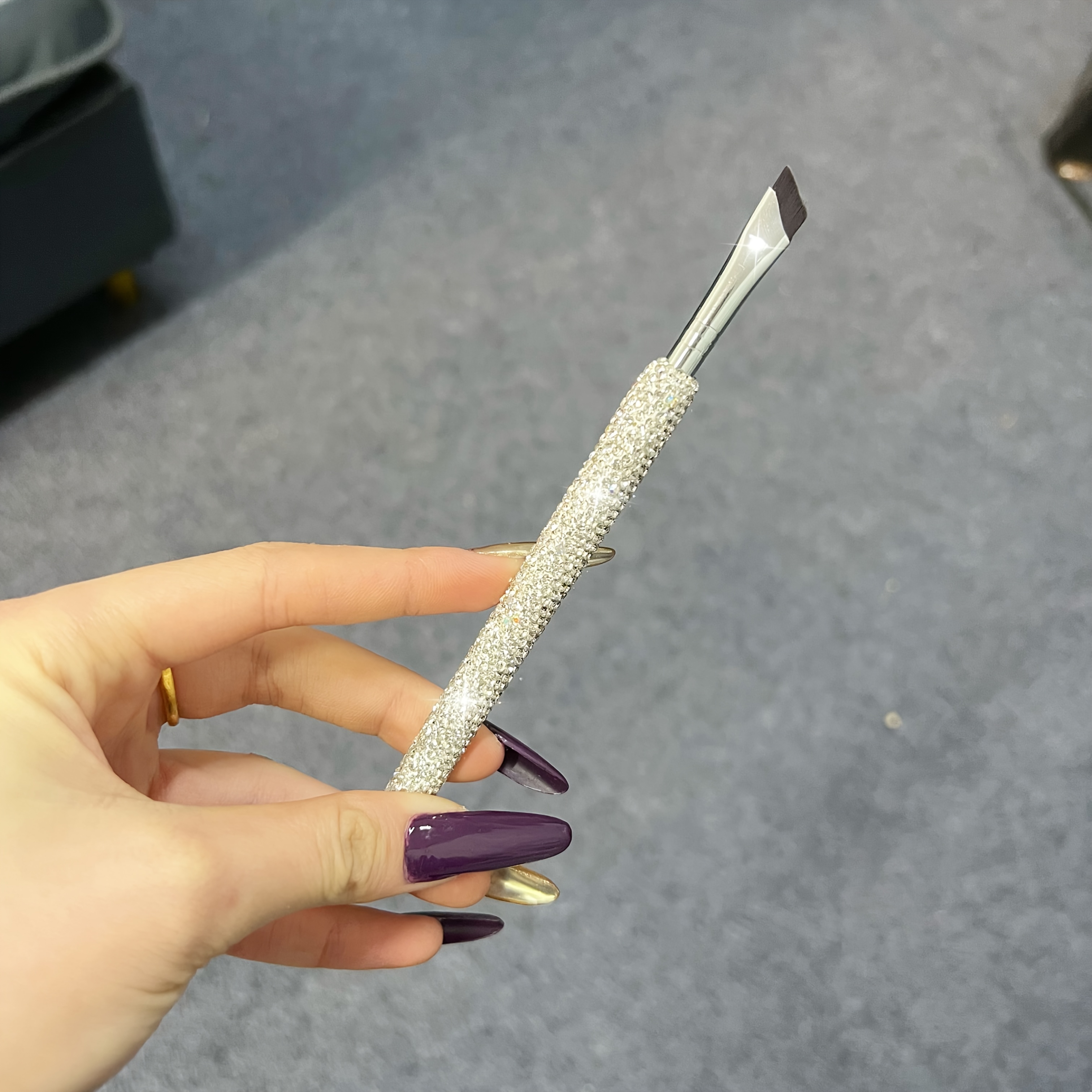 Luxury Diamond-studded Eyebrow Brush, Portable Dual-use Powder Brush For Brow Shaping And Eyelash Application, Angled Lash Brush