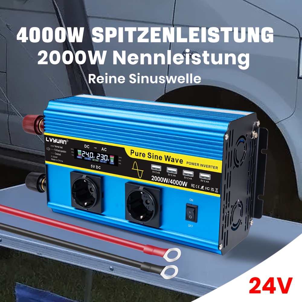 Lvyuan 4000w () Pure Sine Car Power Inverter, 2000w Power Inverter, 12v To Ac 220v Power Converter With Lcd Display, 2 Sockets And 4 Usb Ports For Smartphone, Laptop Car Outdoor Camping