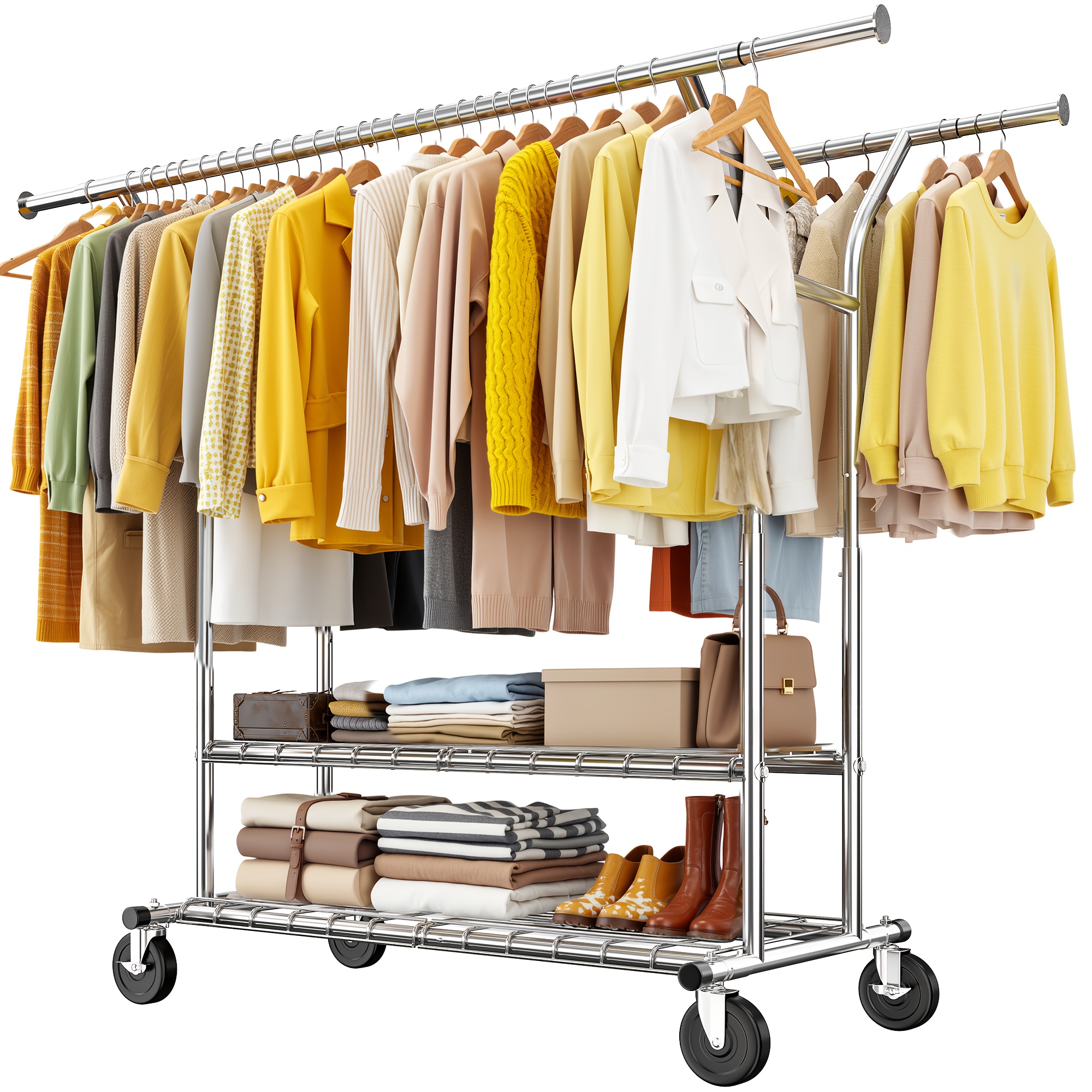   74 wide heavy duty clothing rack features a double rod design that can support 630   and hold over 400 garments it   has a 69 single rod design with a capacity of 300   suitable for bedrooms laundry rooms