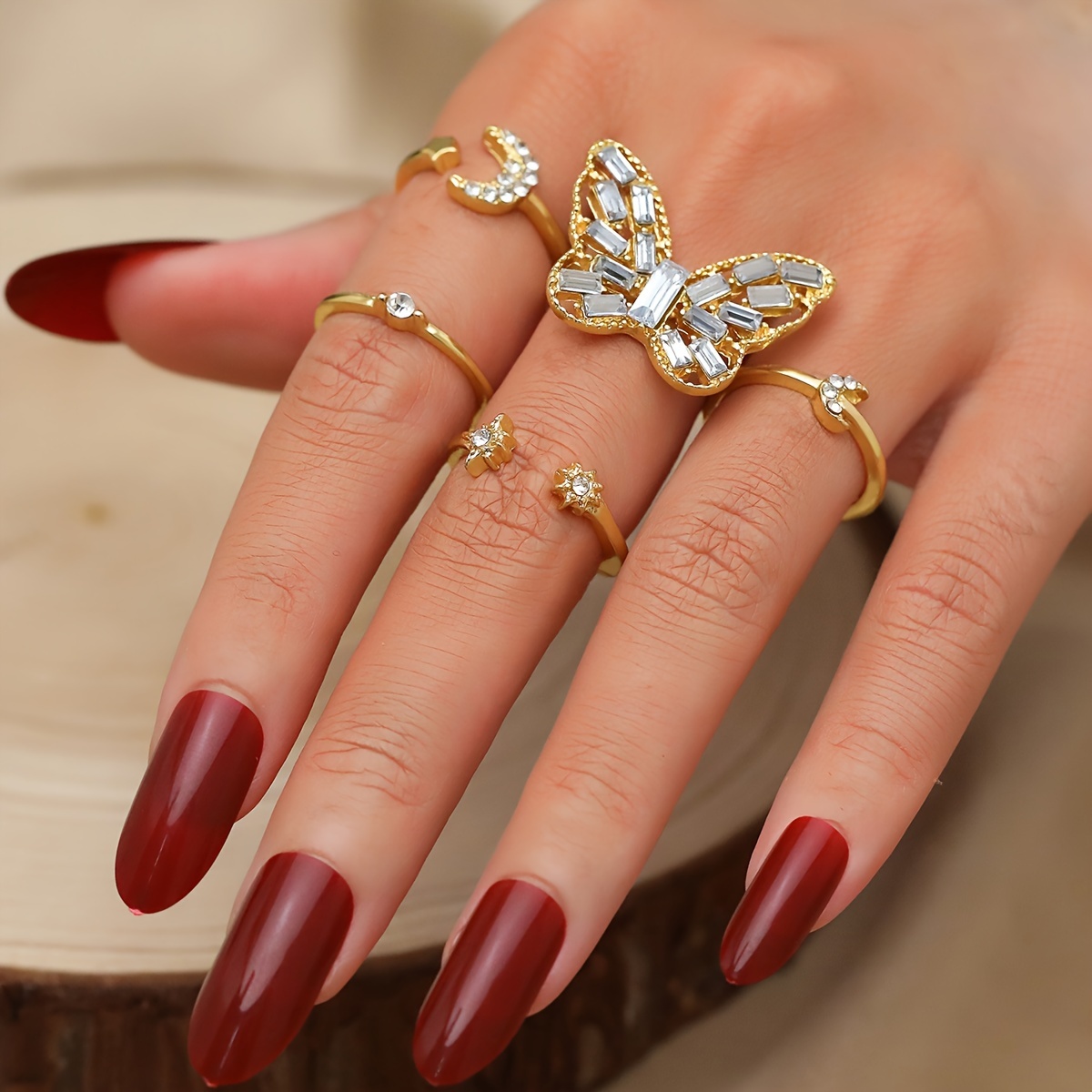 

5pcs/set Moon And Lightning Zirconia Butterfly Ring Set For Women - Jewelry For Fashionable Ladies