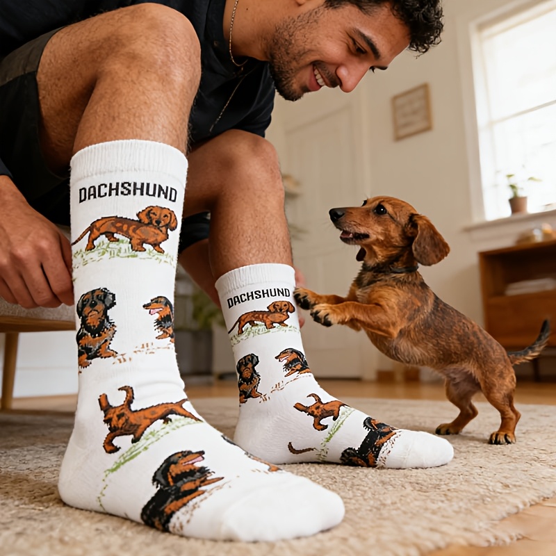 Image of A Pair Of Men's And Women's Cartoon Dog Mid-calf Socks, Suitable For , Trendy And Versatile, Fun Couple Socks For Sports And Outdoor Activities