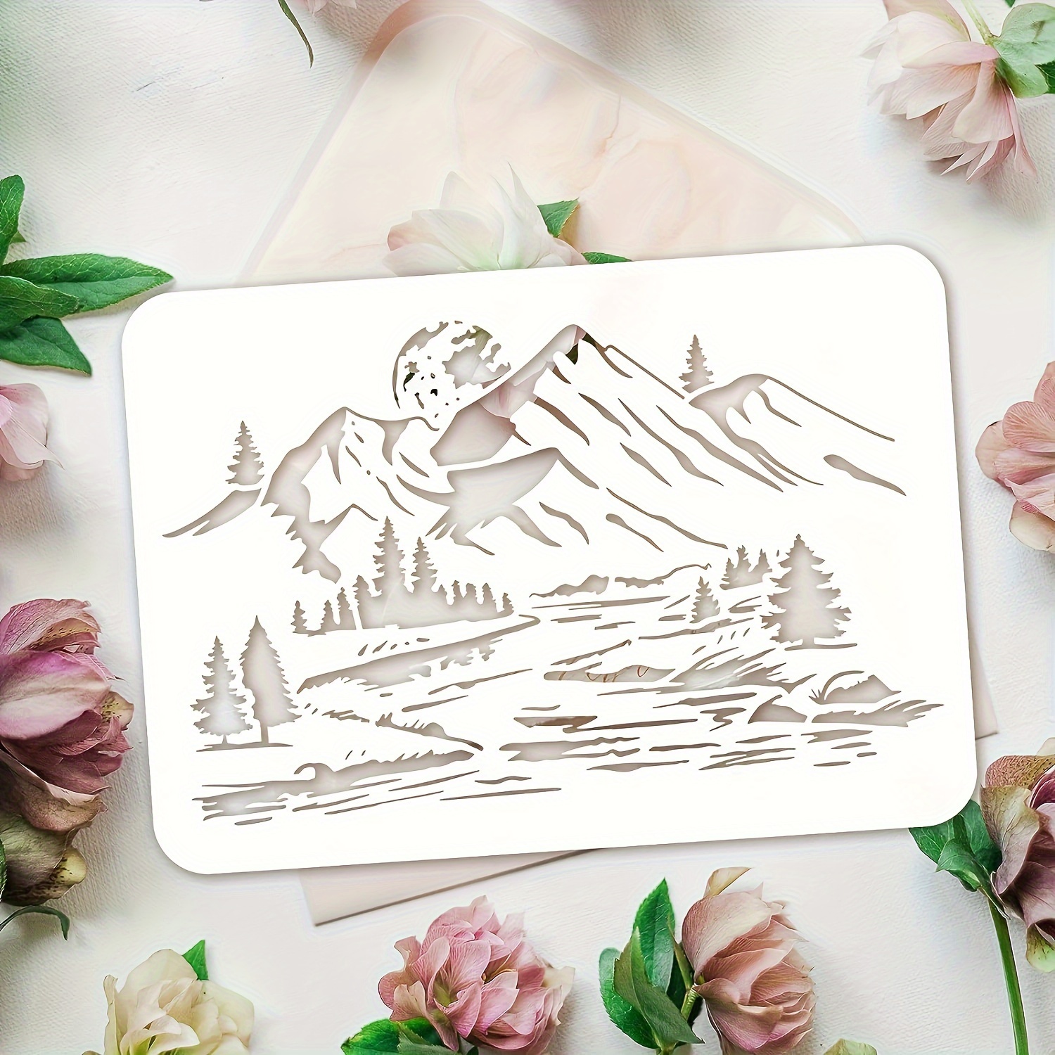 

Reusable Nature Scenery Stencil 8.3x11.7" - Mountain, River, & Moon Design For Diy Crafts, Wood, Wall, Fabric & Furniture Painting