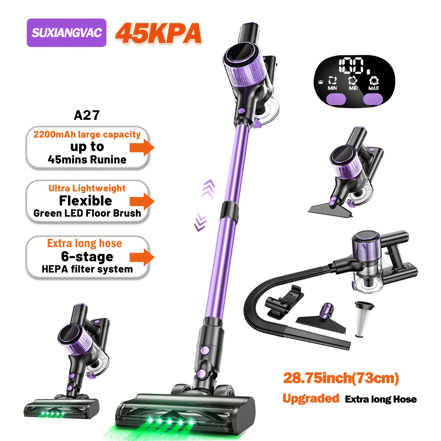 TEMU Cordless Vacuum Cleaner, 45kpa/45mins Vacuum Cleaners For Home, 10-in-1 Stick Vacuum With Upgraded Extra-long Hose, , Anti- Brush, Lightweight